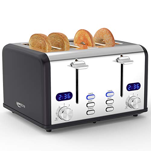 Keenstone Toaster 4 Slice, Stainless Steel Toasters with Timer, Wide Slot, Bagel/Defrost/Cancel Fuction, Removable Crumb Tray, sliver black