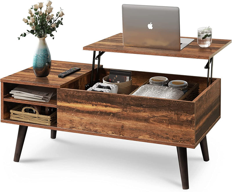 Wood Lift Top Coffee Table with Hidden Compartment and Adjustable Storage Shelf, Lift Tabletop Dining Table for Home Living Room, Office, Retro Brown