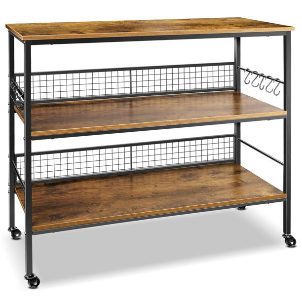 Behost Rolling Kitchen Storage Cart Island with large open shelves and Large Worktop, 3-Tier Kitchen Baker’s Rack with 10 Hooks, Stable Steel Structure and Easy Assembly, Rustic Brown