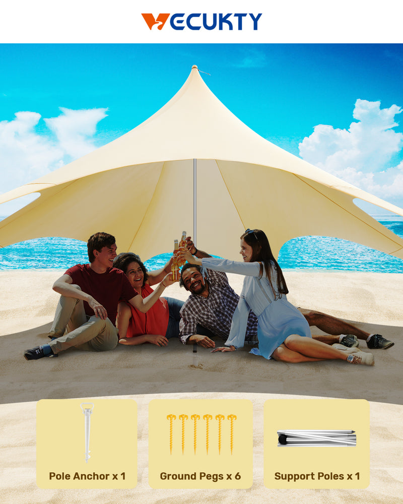 Beach Canopy Tent Sun Shade with UPF 50+ UV Protection, 10x10 FT Beach Tent Sun Shelter with Sandbags, 6 Stability Poles and Ground Pegs and Anti-Wind Ropes,Blue
