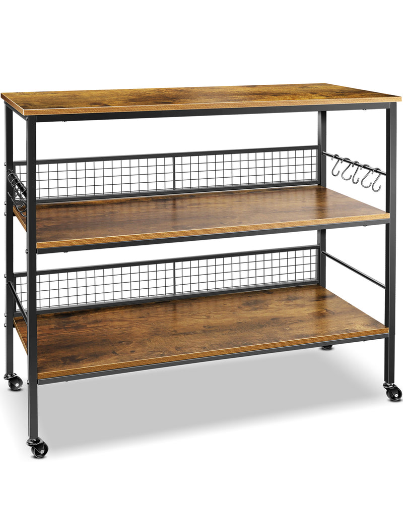 Behost Rolling Kitchen Storage Cart Island with large open shelves and Large Worktop, 3-Tier Kitchen Baker’s Rack with 10 Hooks, Stable Steel Structure and Easy Assembly, Rustic Brown