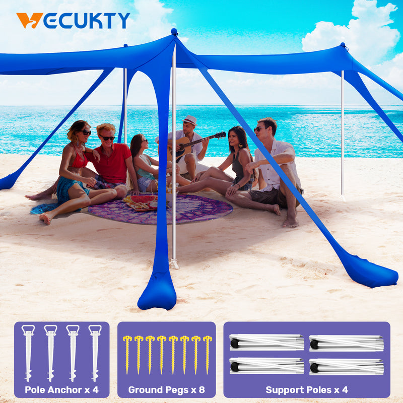 Beach Canopy Tent Sun Shade with UPF 50+ UV Protection,10x10 FT Beach Tent Sun Shelter with Sandbags,8 Stability Poles and Ground Pegs and Anti-Wind Ropes,Blue
