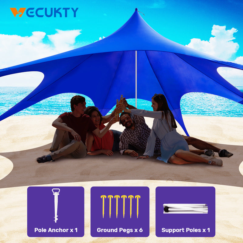 Beach Canopy Tent Sun Shade with UPF 50+ UV Protection, 10x10 FT Beach Tent Sun Shelter with Sandbags, 6 Stability Poles and Ground Pegs and Anti-Wind Ropes,Blue
