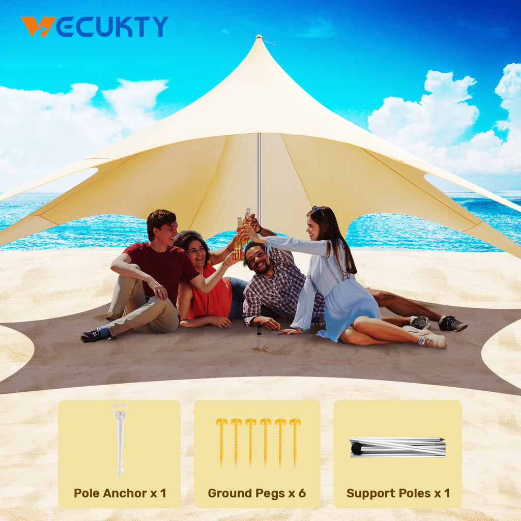 Beach Canopy Tent Sun Shade with UPF 50+ UV Protection, 10x10 FT Beach Tent Sun Shelter with Sandbags, 6 Stability Poles and Ground Pegs and Anti-Wind Ropes,Blue