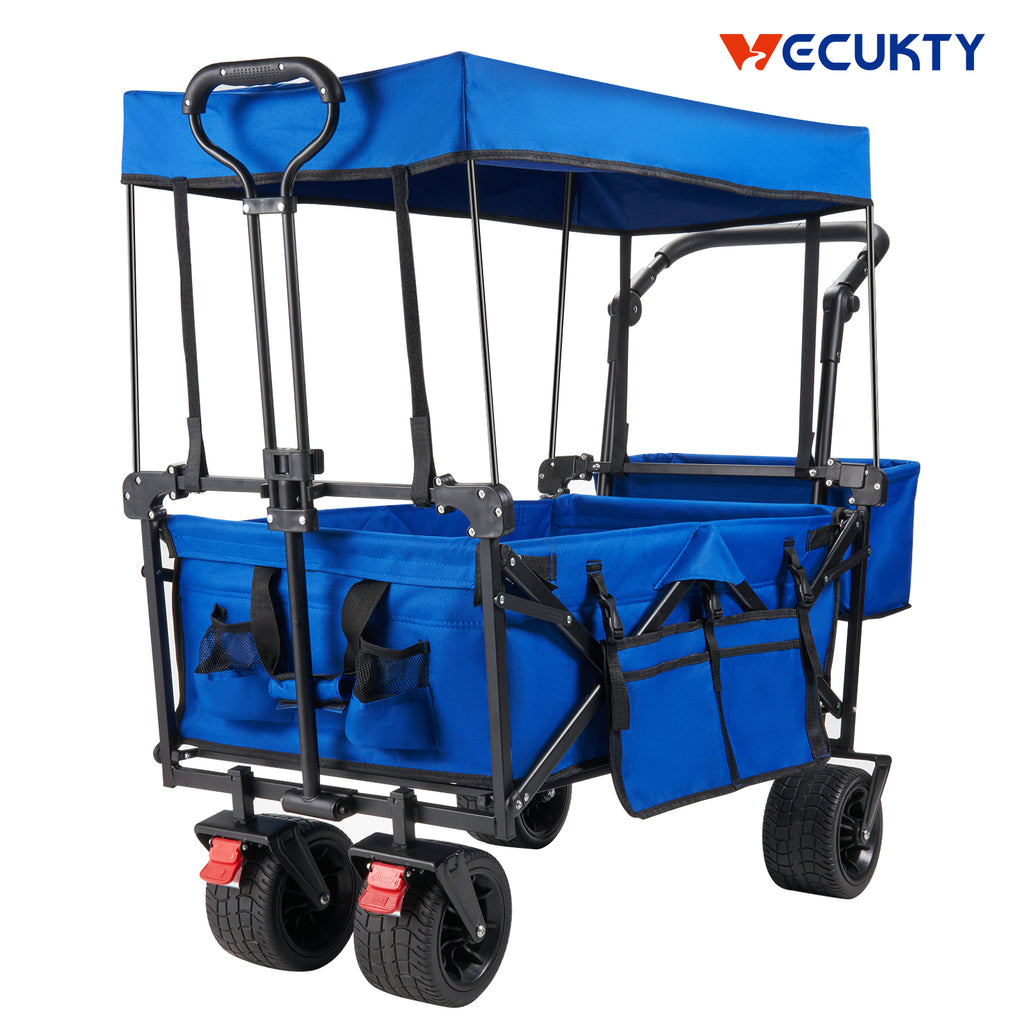 Collapsible Garden Wagon Cart with Removable Canopy, VECUKTY Foldable Wagon Utility Carts with Wheels and Rear Storage, Wagon Cart for Garden Camping Grocery Shopping Cart,Blue
