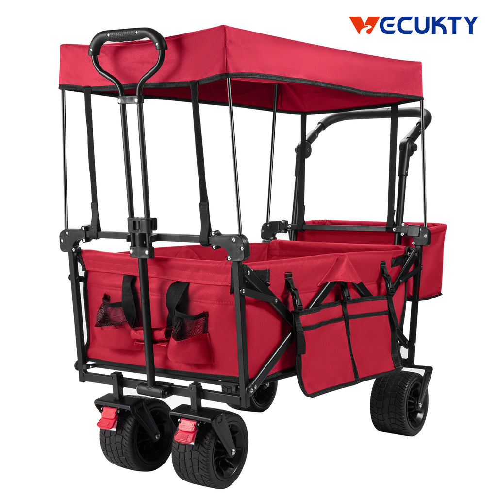 Collapsible Garden Wagon Cart with Removable Canopy, VECUKTY Foldable Wagon Utility Carts with Wheels and Rear Storage, Wagon Cart for Garden Camping Grocery Shopping Cart, Red