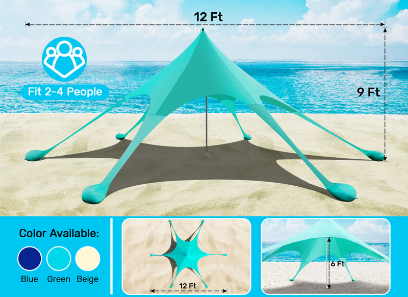 Beach Canopy Tent Sun Shade with UPF 50+ UV Protection, 10x10 FT Beach Tent Sun Shelter with Sandbags, 6 Stability Poles and Ground Pegs and Anti-Wind Ropes,Blue