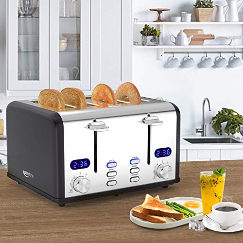 Keenstone Toaster 4 Slice, Stainless Steel Toasters with Timer, Wide Slot, Bagel/Defrost/Cancel Fuction, Removable Crumb Tray, sliver black
