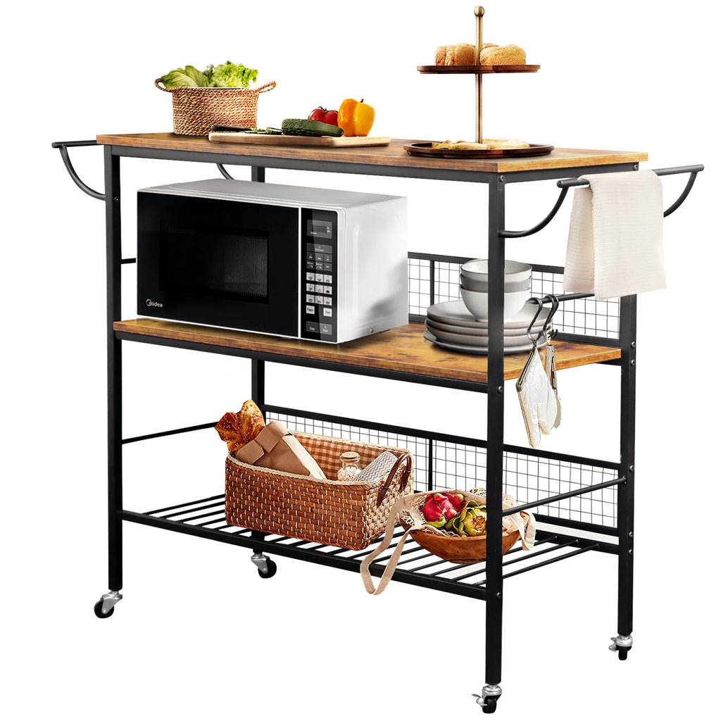 Cheflaud 3-Tier Rolling Kitchen Microwave Island Stand Heavy Duty Storage Shelf Bakers Rack Trolley Cabinet Utility with Iron Frame handle 10 Hooks,Brown