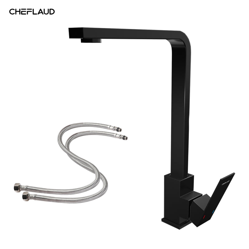 Cheflaud Robinet Cuisine Mitigeur Noir 7-Forme bec Haut Rotatif 360° Inxo Robinet avec aérateur