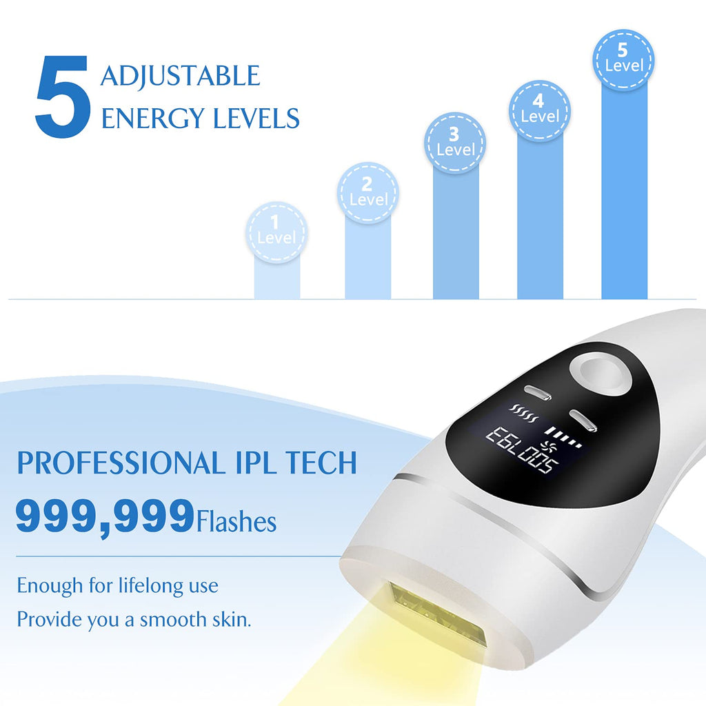 IPL Hair Removal Device，LCD Permanent Painless Laser Hair Removal , With Precision Head for Women and men Facial Whole Body use , 2 Modes and 5 Levels ,Safe and professional, White
