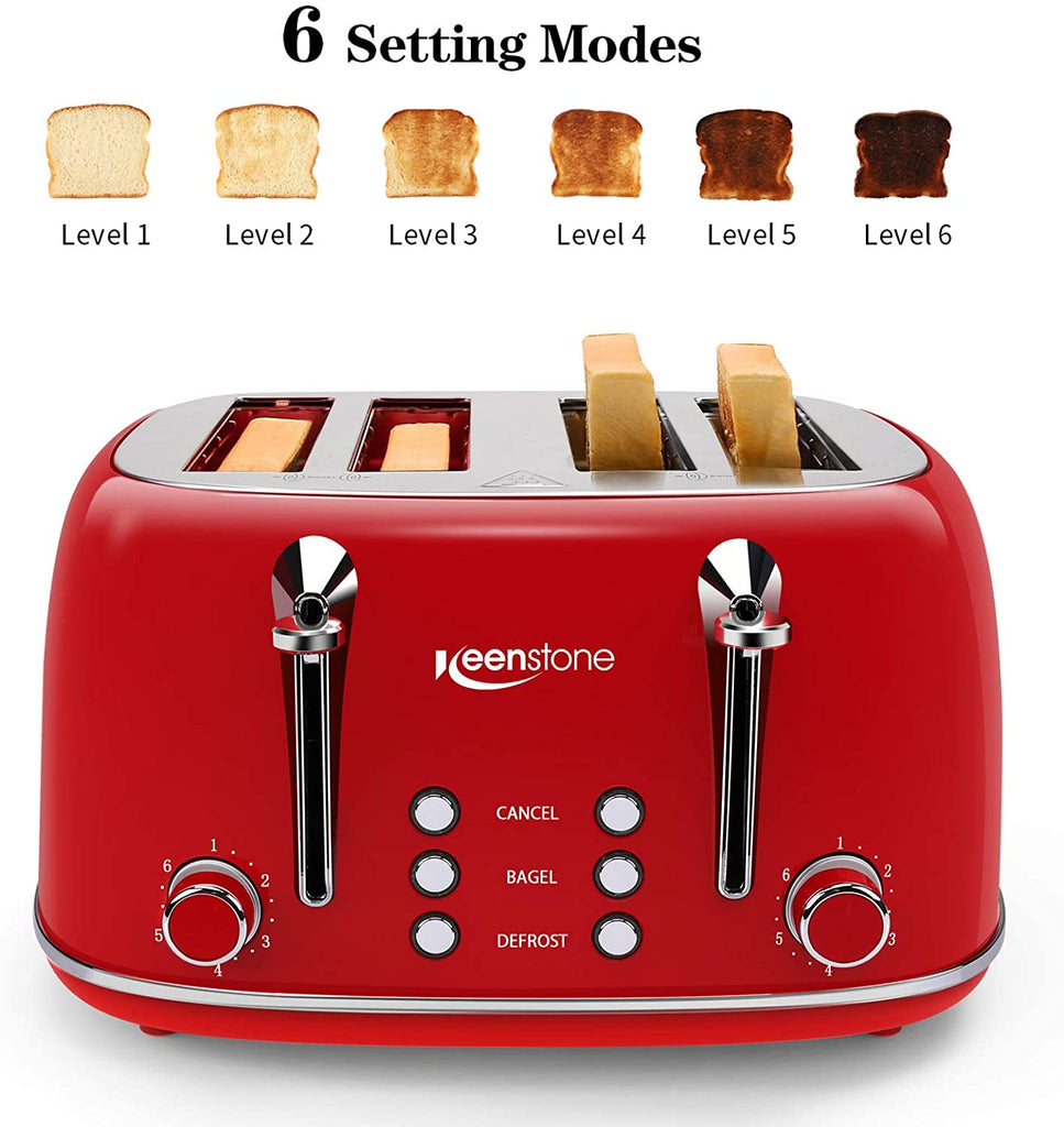 Keenstone Toaster 4 Slice, Stainless Steel Toasters with Timer, Wide Slot,  Bagel/Defrost/Cancel Fuction, Removable Crumb Tray, sliver black
