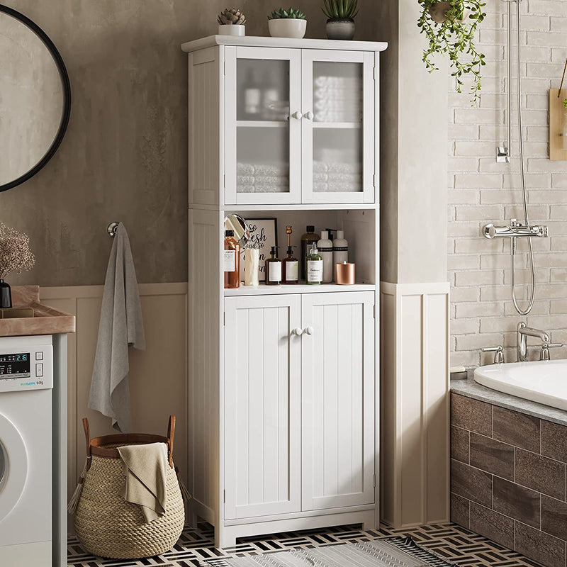 Tall Bathroom Storage Cabinet with Glass Doors, 1 Middle Open Compartment & Adjustable Shelves, Large Linen Cabinet for Bathroom, Kitchen, 11.8" D x 23.6" W x 64" H, White