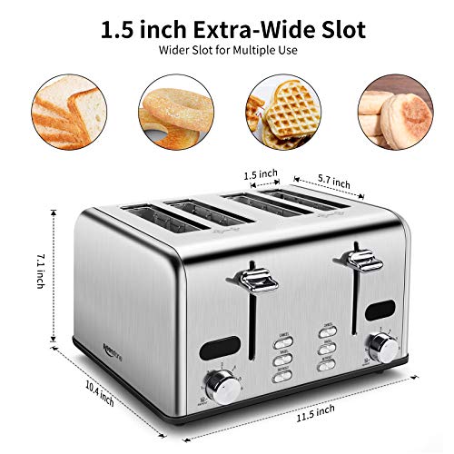 Keenstone Toaster 4 Slice, Stainless Steel Toasters with Timer, Wide Slot, Bagel/Defrost/Cancel Fuction, Removable Crumb Tray, sliver black