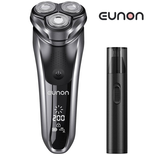 Electric Shavers for Men and Nose Hair Trimmer Set, Eunon IPX 7 Waterproof Wet & Dry Pop-upElectric Razor Sideburn Trimmer Intelligent Razors with Digital Display, Black