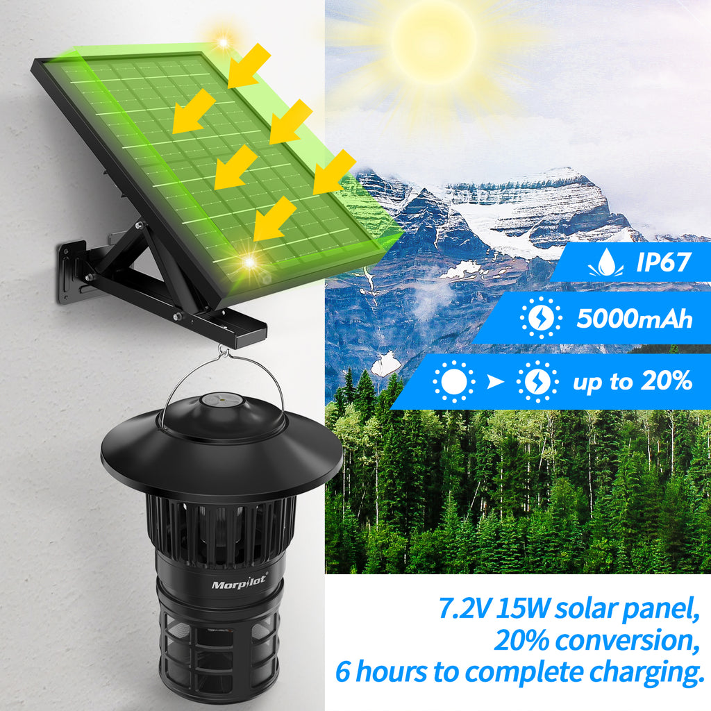 Solar Powered Insect Mosquito and Fly Trap, 30W Solar Panel, 5000mAh, Battery Light Sensor, from Dusk to dawn for Yard, Garden, Street, Basketball Court