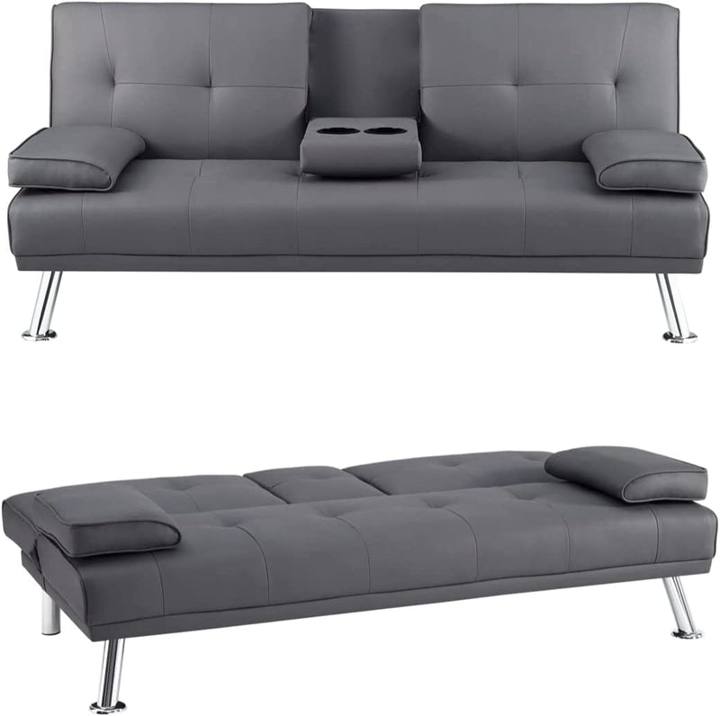 Sofa Bed, Faux Leather Futon Couch with Armrest and 2 Cupholders, Pull Out Sofa Bed Couch Convertible with Metal Legs, Folding, Reclining Small Couch Bed, Futon Bed for Living Room - Gray