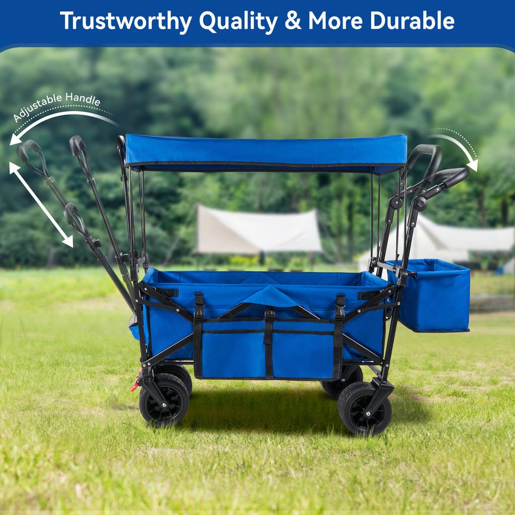 Collapsible Garden Wagon Cart with Removable Canopy, VECUKTY Foldable Wagon Utility Carts with Wheels and Rear Storage, Wagon Cart for Garden Camping Grocery Shopping Cart,Blue