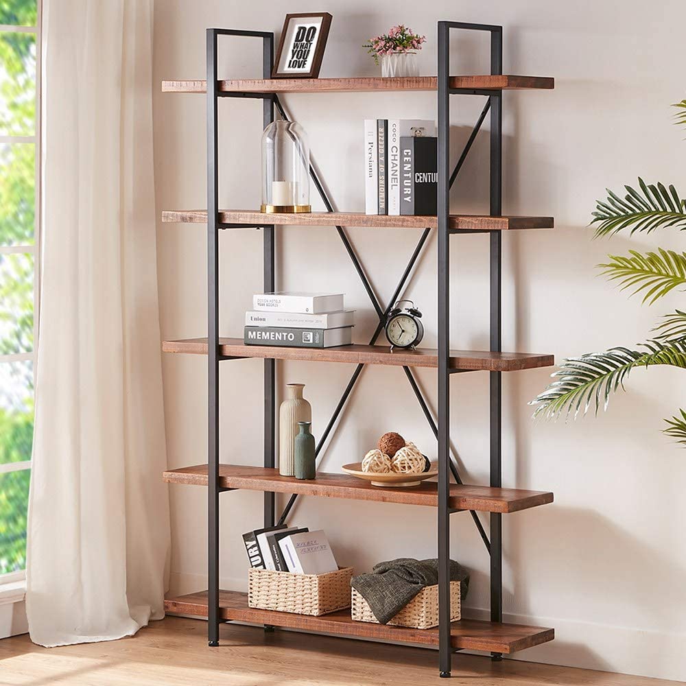 Natural Real Wood Bookcase, 5 Tier Industrial Rustic Vintage Etagere Bookshelf, Open Metal Farmhouse Solid Wooden Book Shelf, Distressed Brown