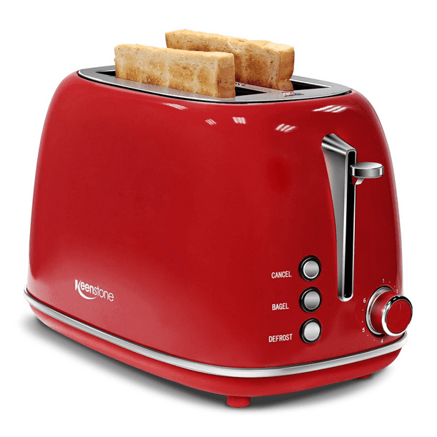 Keenstone Retro 2 Slice Toaster Stainless Steel ,with Bagel, Cancel, Defrost Fuction and Extra Wide Slots Toasters, 6 Shade Settings,Removable Crumb Tray, Red