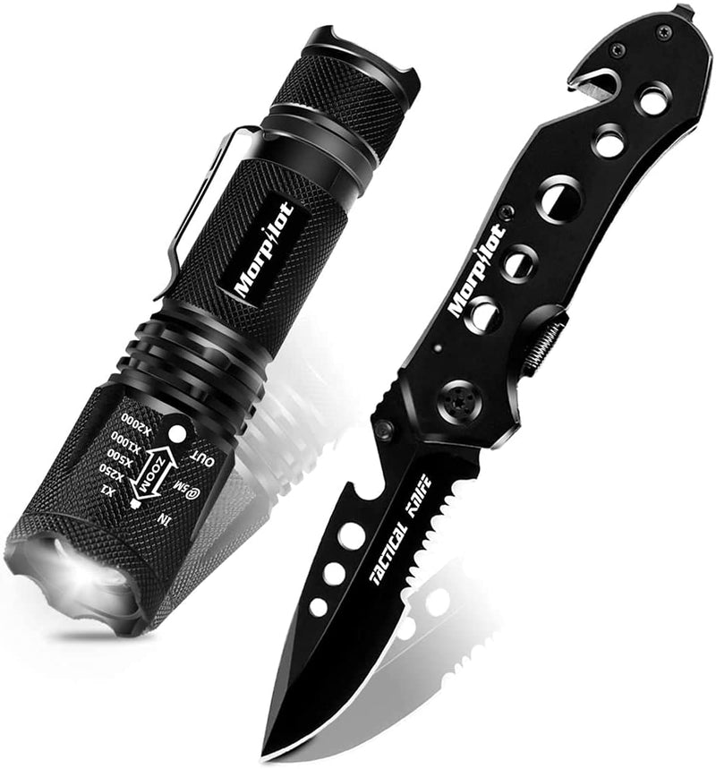 Morpilot Tactical Flashlight and Pocket Knives Set, Super Bright Handheld Flashlight and 5 in 1 Multitool Tactical Knife for Camping Hiking Backpacking Fishing