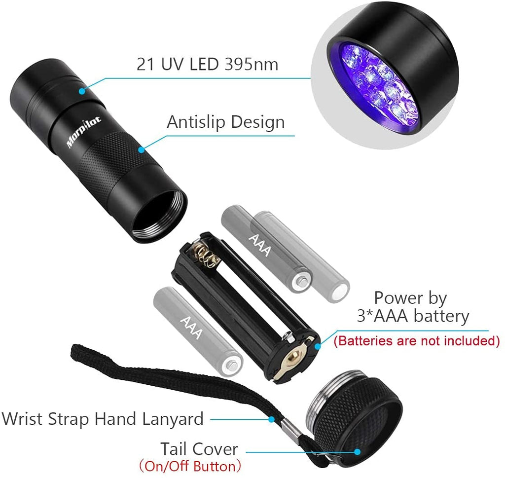 morpilot Black Light, 2 Pcs UV Handheld Blacklight Flashlights 12 Led 395nm Mini Light Torch Detector for Pets Urine and Stains