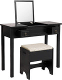 Vanity Set with Flip Top Mirror Makeup Dressing Table Writing Desk with 2 Drawers Cushioned Stool 3 Removable Organizers Easy Assembly, Black
