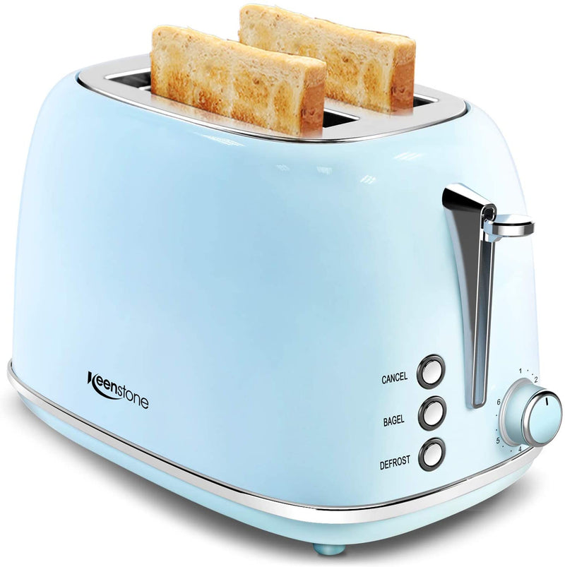 2 Slice Toaster Retro Stainless Steel Toaster with Bagel, Cancel, Defrost Function and 6 Bread Shade Settings Bread Toaster, Extra Wide Slot and Removable Crumb Tray, Blue