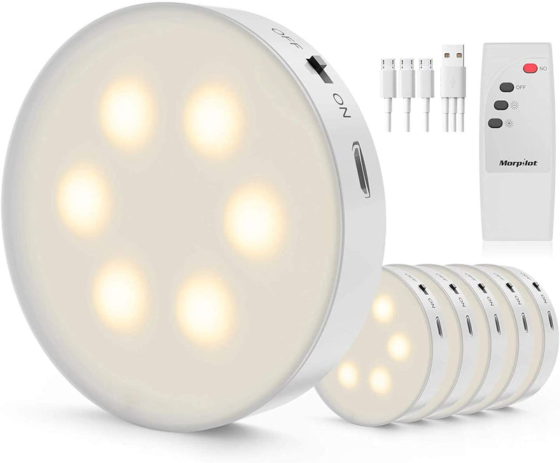 Morpilot Puck Lights, Rechargeable Under Cabinet Lighting, Dimmable Closet Lights Battery Powered, Led Cabinet Light with Wireless Remote, Under Counter Light for Kitchen, Stick on Lights (6 Packs)