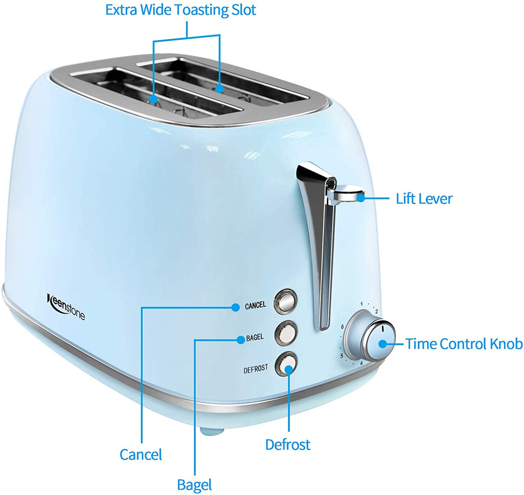 2 Slice Toaster Retro Stainless Steel Toaster with Bagel, Cancel, Defrost Function and 6 Bread Shade Settings Bread Toaster, Extra Wide Slot and Removable Crumb Tray, Blue