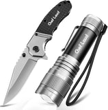 Handheld Flashlight Pocket Knife Set, Cheflaud LED Flashlight with 5 Modes Zoomable Water Resistant and Hunting Knife Combo for Outdoor Camping Hiking Fishing Traveling Men's Gift