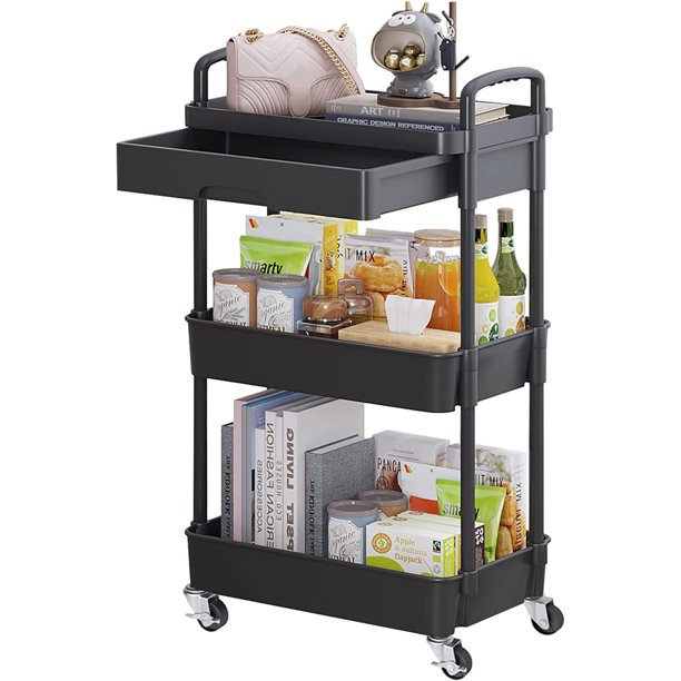 MONVANE 3-Tier Rolling Utility Cart with Drawer,Multifunctional Storag ...