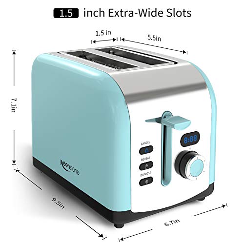 Toaster 2 Slice, Keenstone Stainless Steel Retro Toaster with Timer, Wide Slot, Defrost/Reheat/Cancel Fuction, Removable Crumb Tray, Blue
