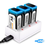 3 Pack 9V 800mAh Rechargeable Batteries and Charger