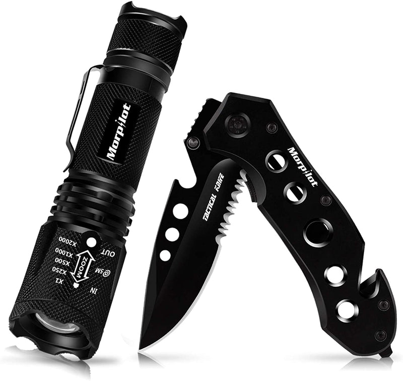 Pocket Knife, Multi Folding Knife and Flashlight Set, Pocketclip, Glass Breaker, Seatbelt Cutter Survival Knives for Hiking, Camping, Fishing, Pocket Knives for Man, Husband, Boyfriends, Brother
