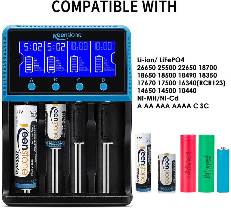 18650 Battery Charger, Keenstone Smart Universal Charger LCD Display for Rechargeable Batteries Ni-MH Ni-Cd AA AAA Li-ion LiFePO4 IMR 10440 14500 16340 RCR123A 26650