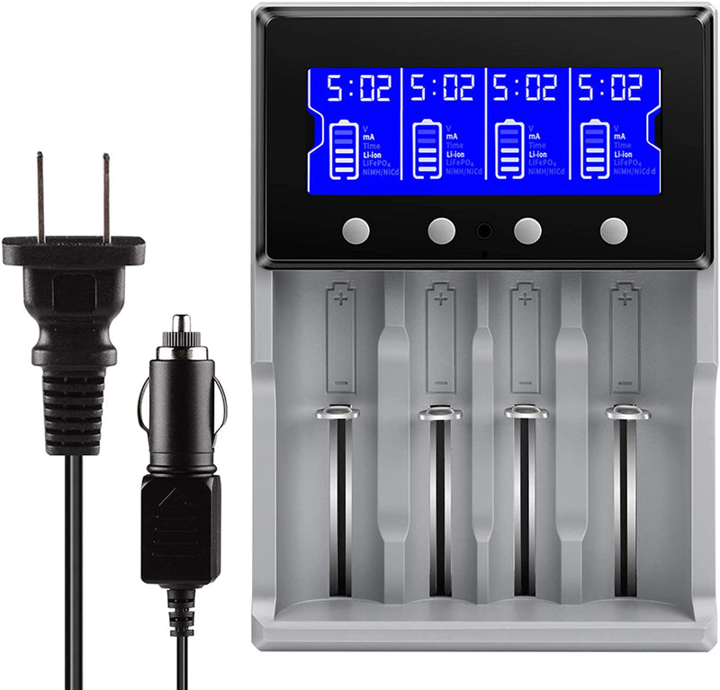 Universal Battery Charger, Keenstone Premium Battery Charger 4 Slots for 18650 Battery Rechargeable Batteries Li-ion LiFePO4 IMR 10440 14500 16340 RCR123A 26650 Ni-MH Ni-Cd AA AAA -LCD Display - Grey