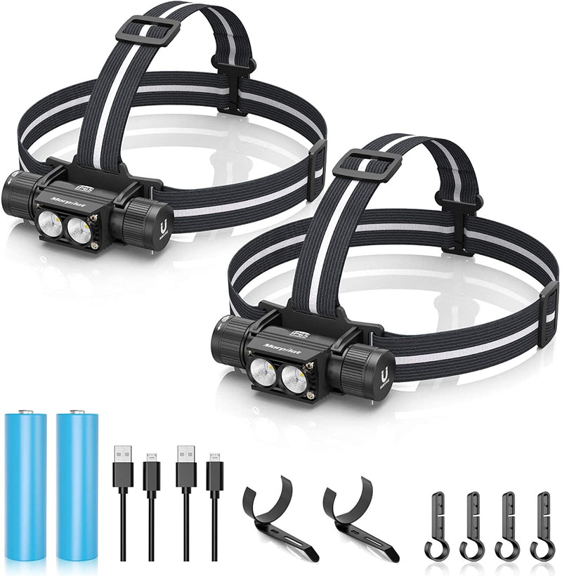 morpilot Headlamp, 1200 Lumens USB Rechargeable Head Lamps, IPX 65 Waterproof Headlight with Adjustable Headband, 5 Modes Led Headlamp Flashlight for Outdoor Camping Hiking Hard Hat Light (2 Packs)