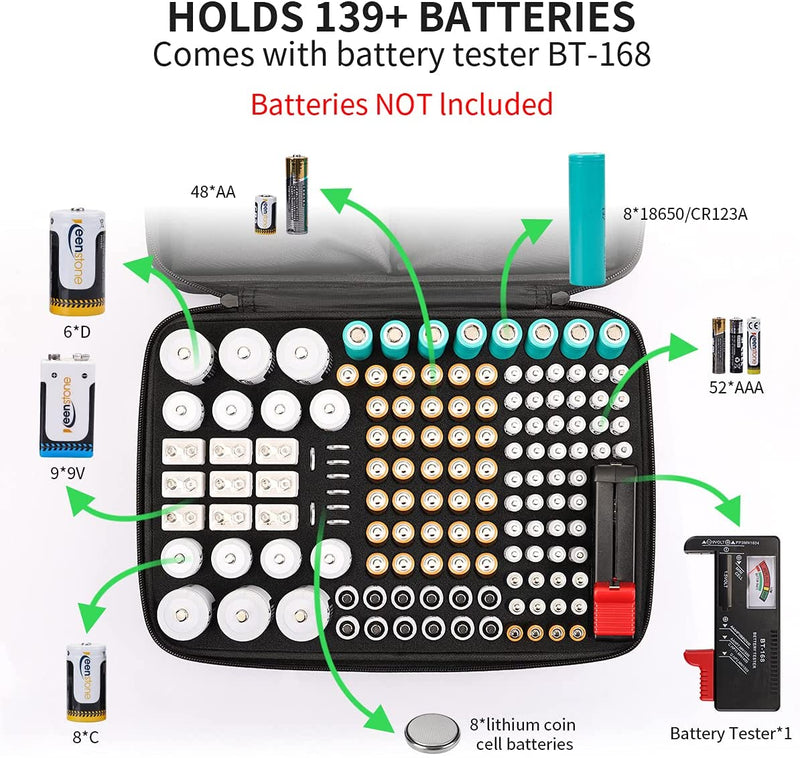 Keenstone Battery Organizer Storage Case, Fireproof Waterproof Explosionproof Battery Hard Holder Box, Holds 139 Batteries AA AAA C D 9V, Battery Storage with Tester (Batteries Not Included), Black