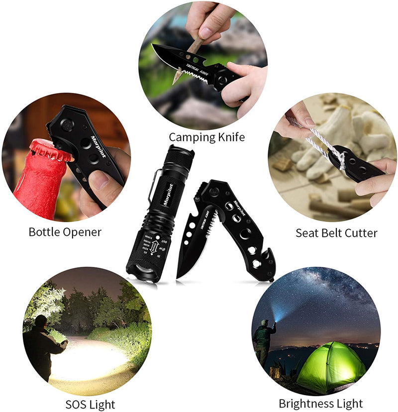 Pocket Knife, Multi Folding Knife and Flashlight Set, Pocketclip, Glass Breaker, Seatbelt Cutter Survival Knives for Hiking, Camping, Fishing, Pocket Knives for Man, Husband, Boyfriends, Brother