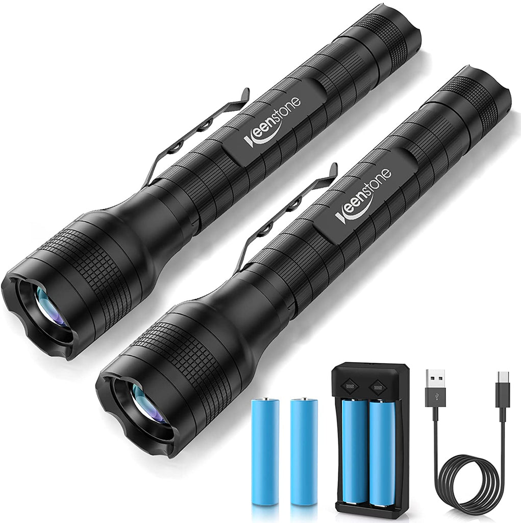 Keenstone LED Tactical Flashlight Rechargeable 2 Pack, 3000 High Lumens, Zoomable, 5 Modes, Waterproof Handheld Flashlight with Pocket Clip for Emergencies, Camping, Hiking or Night Fishing