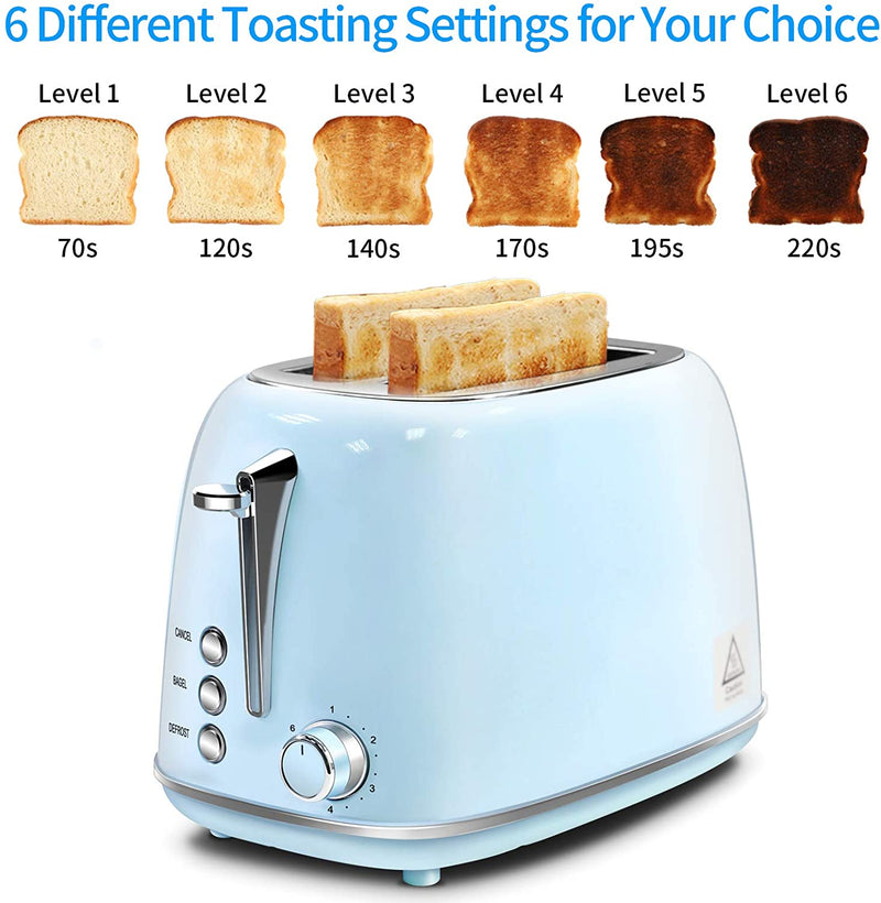 2 Slice Toaster Retro Stainless Steel Toaster with Bagel, Cancel, Defrost Function and 6 Bread Shade Settings Bread Toaster, Extra Wide Slot and Removable Crumb Tray, Blue