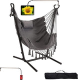 Hammock with Stand Phone Holder Included Double Hanging Chair Macrame Boho Handmade Adjustable Swing Indoor Outdoor Patio Yard Garden Porch 400lbs Capacity