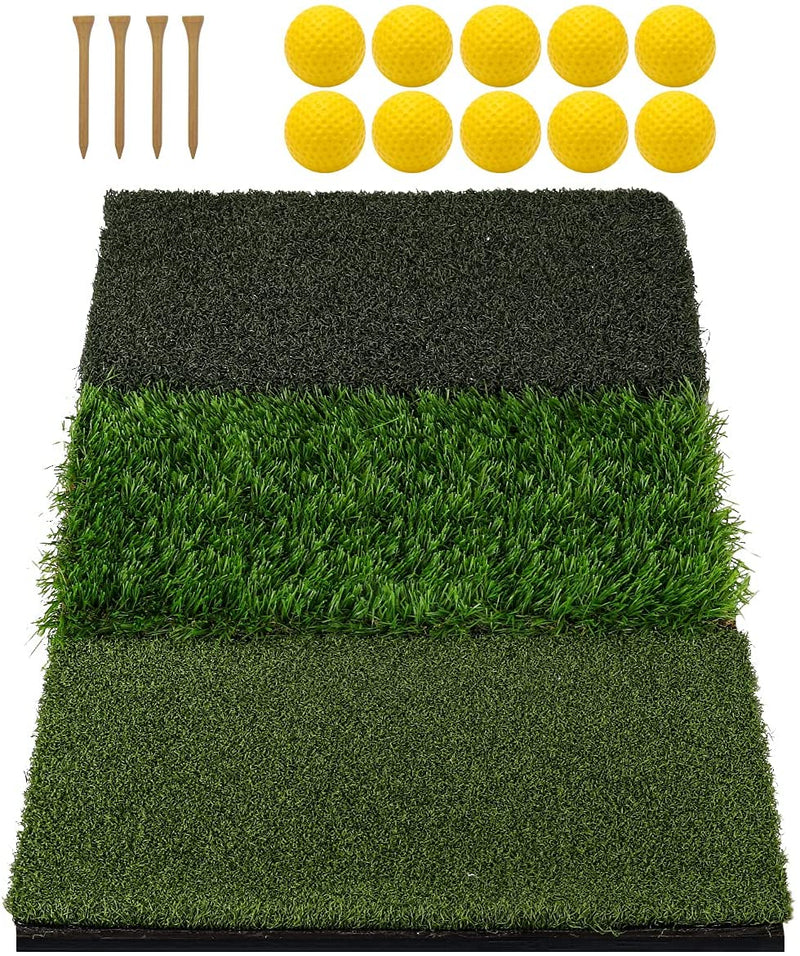 Keenstone Tri-Turf Golf Hitting Mat, Portable Golf Grass Mat for Driving, Chipping Practice Training with Adjustable Tees and Foam Practice Balls, Ideal for Indoor or Outdoor Training