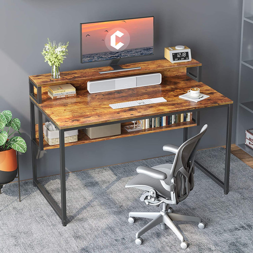Cubiker Computer Home Office Desk, 47 Small Desk Table with Storage Shelf  and Bookshelf, Study Writing Table Modern Simple Style Space Saving Design,  Rustic