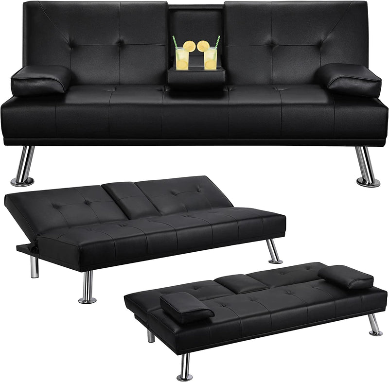 Sofa Bed, Faux Leather Futon Couch with Armrest and 2 Cupholders, Pull Out Sofa Bed Couch Convertible with Metal Legs, Folding, Reclining Small Couch Bed, Futon Bed for Living Room - Gray