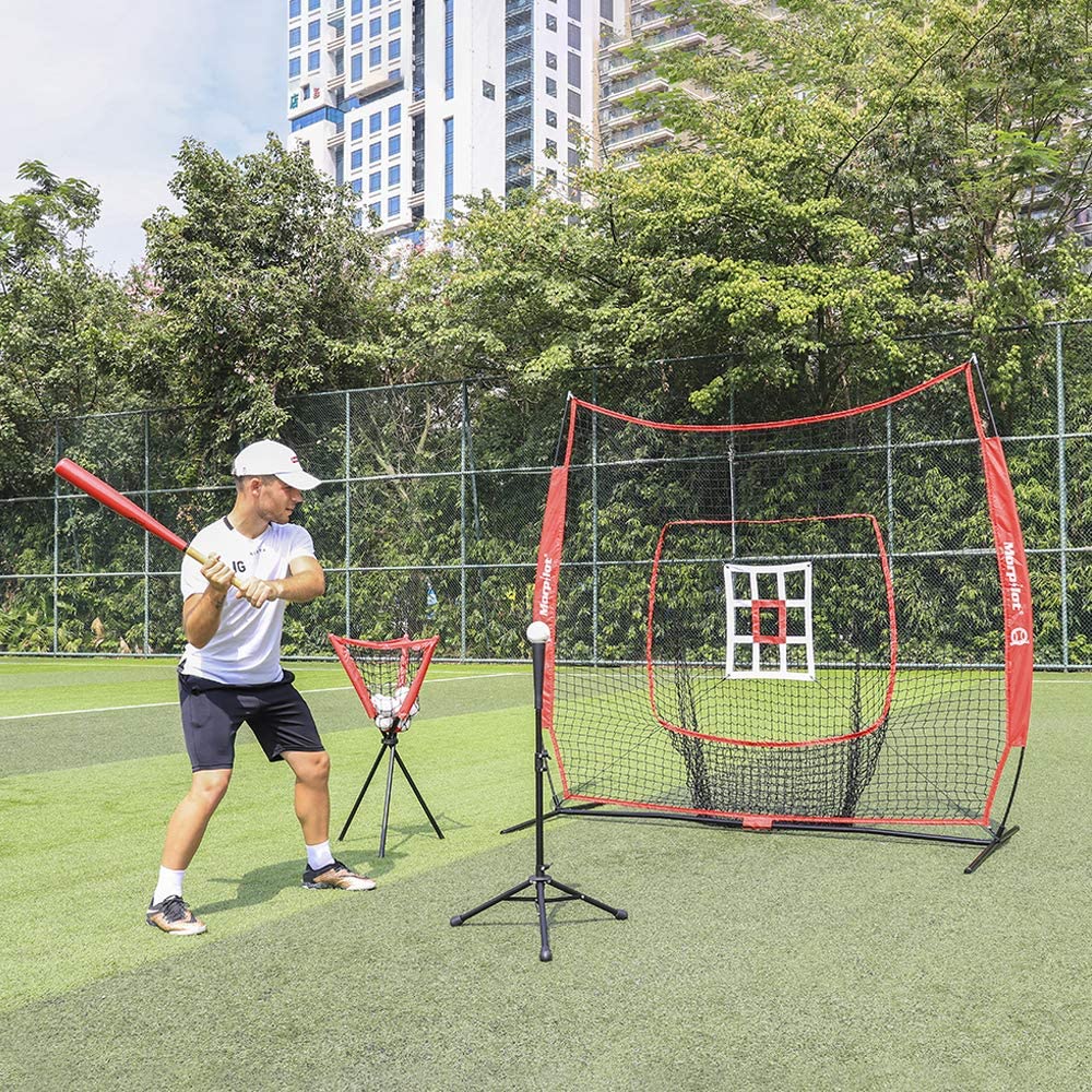 Keenstone 7' X 7' Baseball & Softball Practice Hitting & Pitching Net with Bow Frame, Carry Bag and Bonus Strike Zone, Great for All Skill Levels | Collapsible and Portable