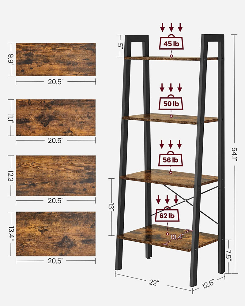 Ladder Shelf, 4-Tier Bookshelf, Storage Rack, Bookcase with Steel Frame, for Living Room, Home Office, Kitchen, Bedroom, Industrial Style
