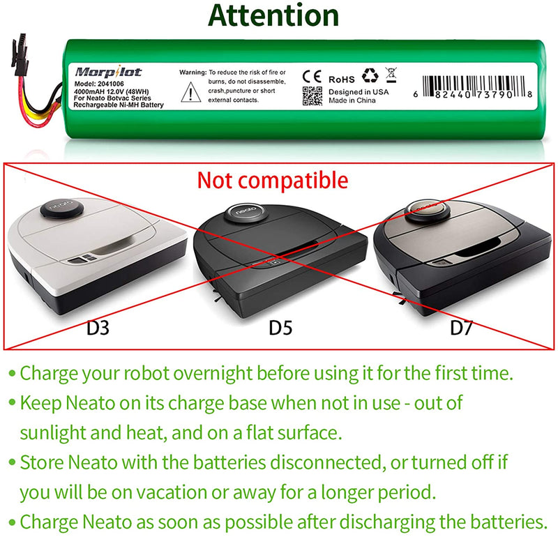 Morpilot 12V 4000mAh NiMh Battery for Neato Botvac Series 70e, 75, 80, 85 Robotic Vacuum 945-0129 945-0174 (NOT COMPATIBLE with Neato D4 D3 D5 D7)