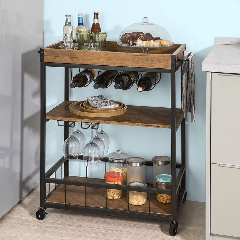 Cheflaud Rolling Bar Carts Serving Cart on Wheels, 3 -Tier Kitchen Storage Shelves Wine Rack Table with Portable and Wine Holders
